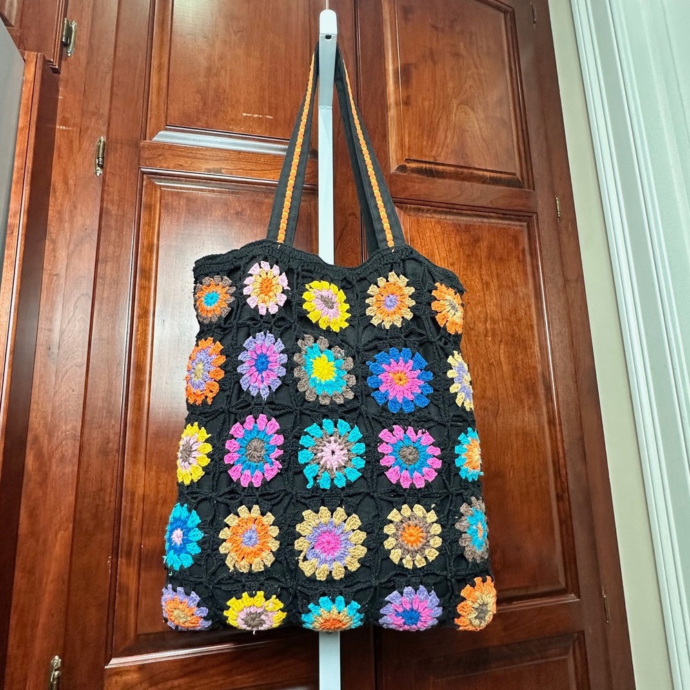 American and Beyond Crochet Granny Square Tote Bag Black Multi Limited Edition